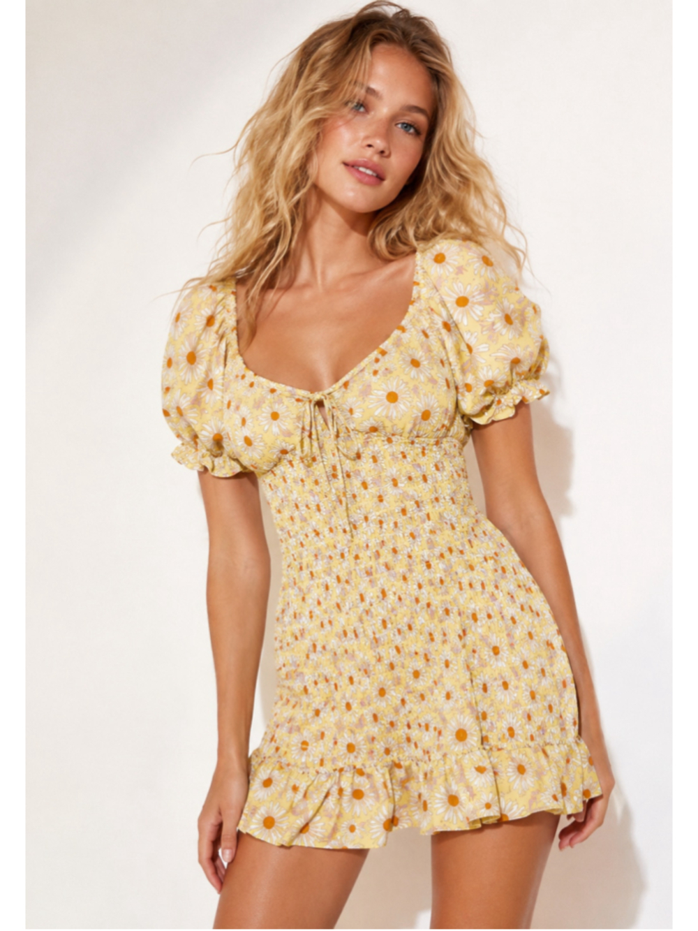 Girl Soul Yellow Daisy Floral Smocked Mini Dress Cottagecore Coquette Puff Sleev